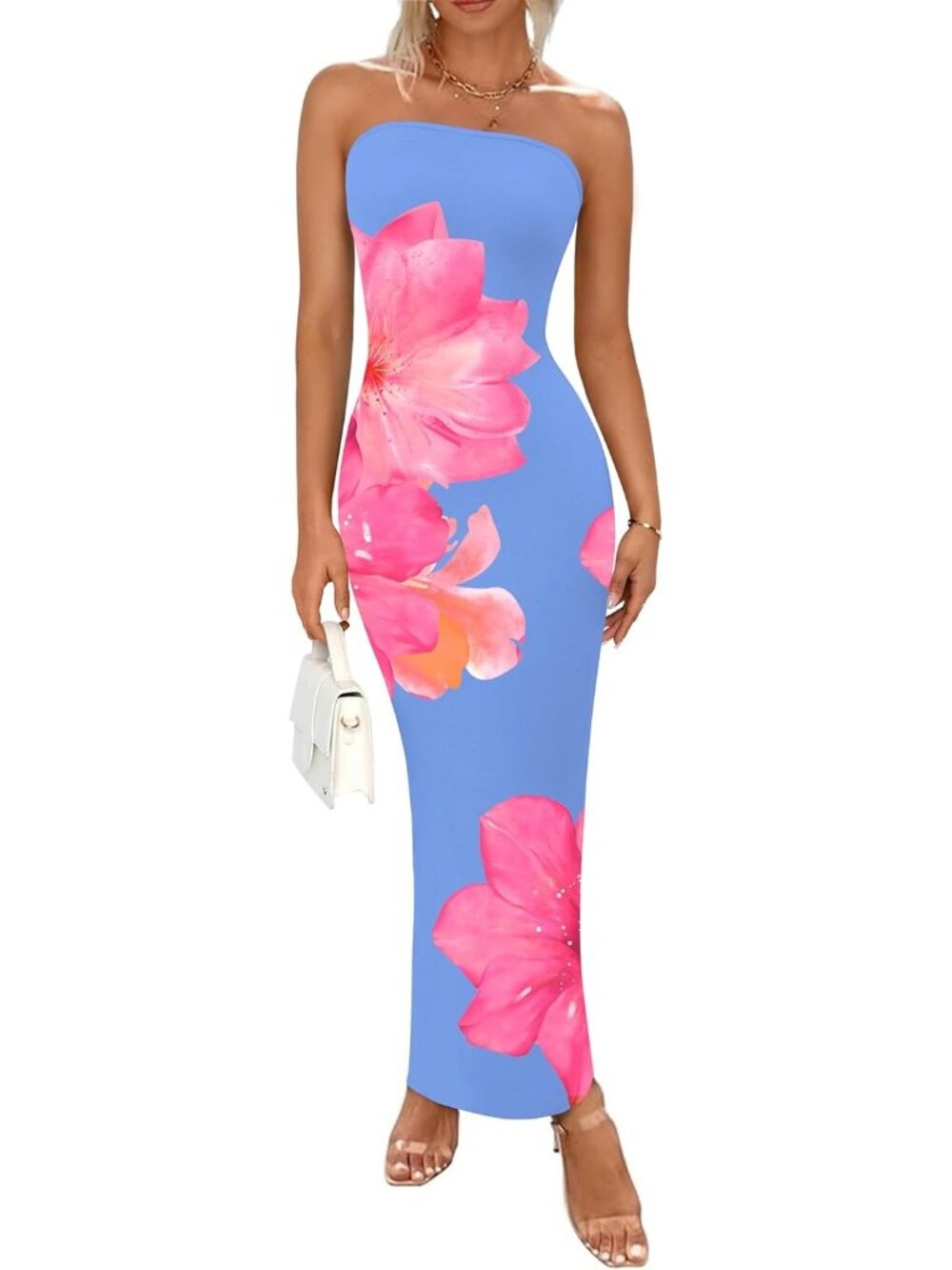 Women's Blue Pink Floral Summer Strapless Maxi Dress Formal Tube Mesh Dress